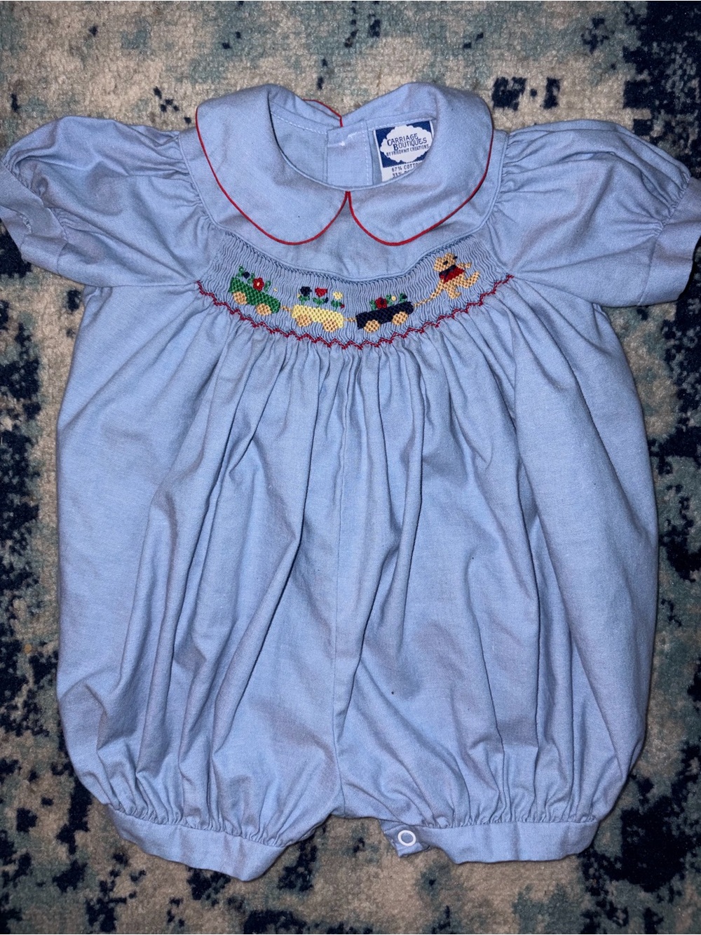 Carriage Boutique Smocked Vintage Bubble Romper with Train / Wagon Motif